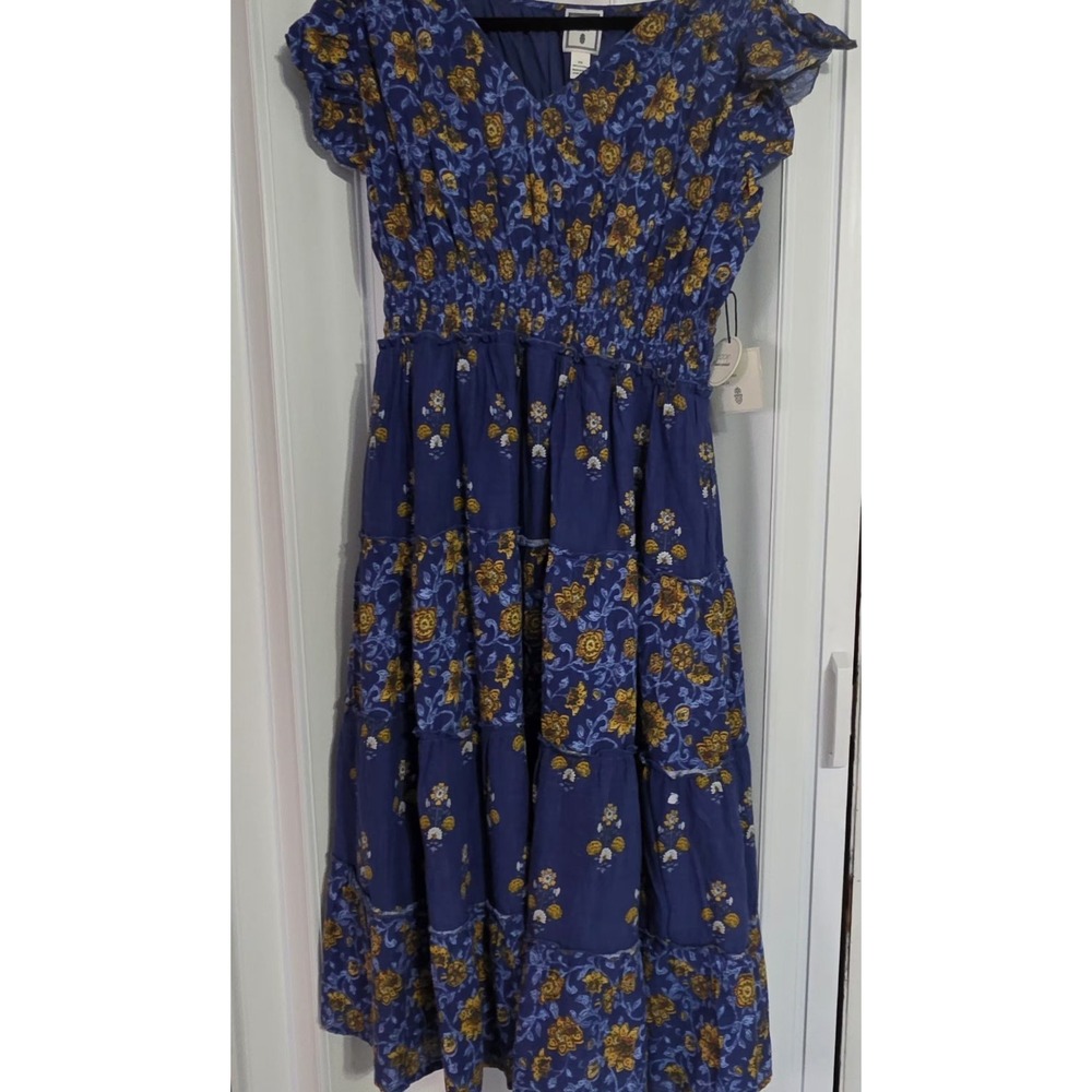 Lea Womens Smocked Midi Dress Floral Ruffled Sleeve Pockets Peasant NWT Plus 2X